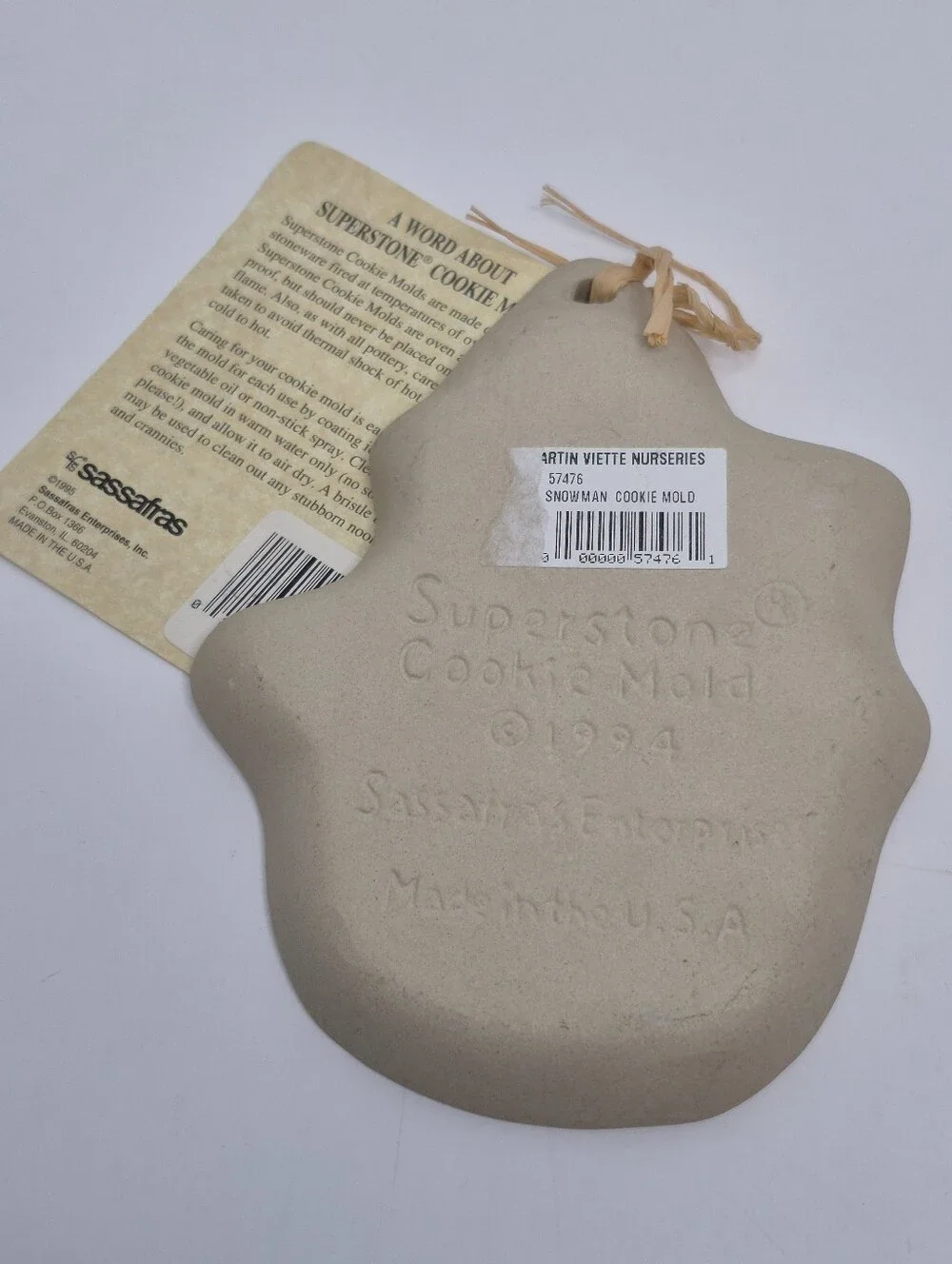 Sassafras Superstone Snowman w Hat and Broom Cookie Mold Holiday Bakeware NWT